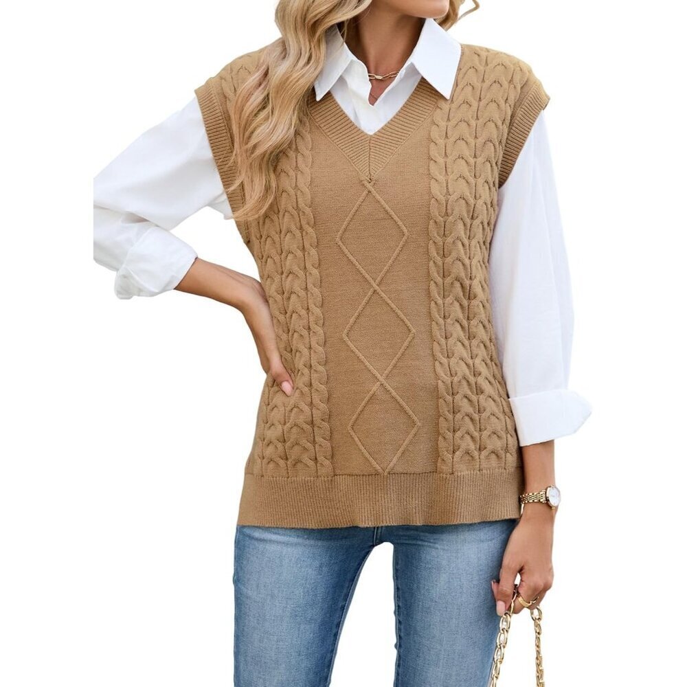 Womens V Neck Sweater Vest Cap Sleeve Oversized Ribbed Cable Knit
